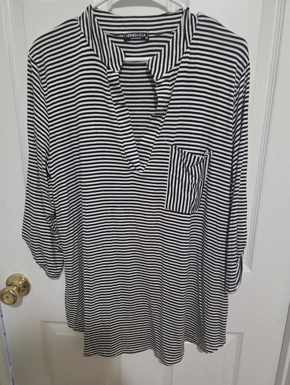 Heimish Black and White Striped V-Neck Tunic with Chest Pocket NEW